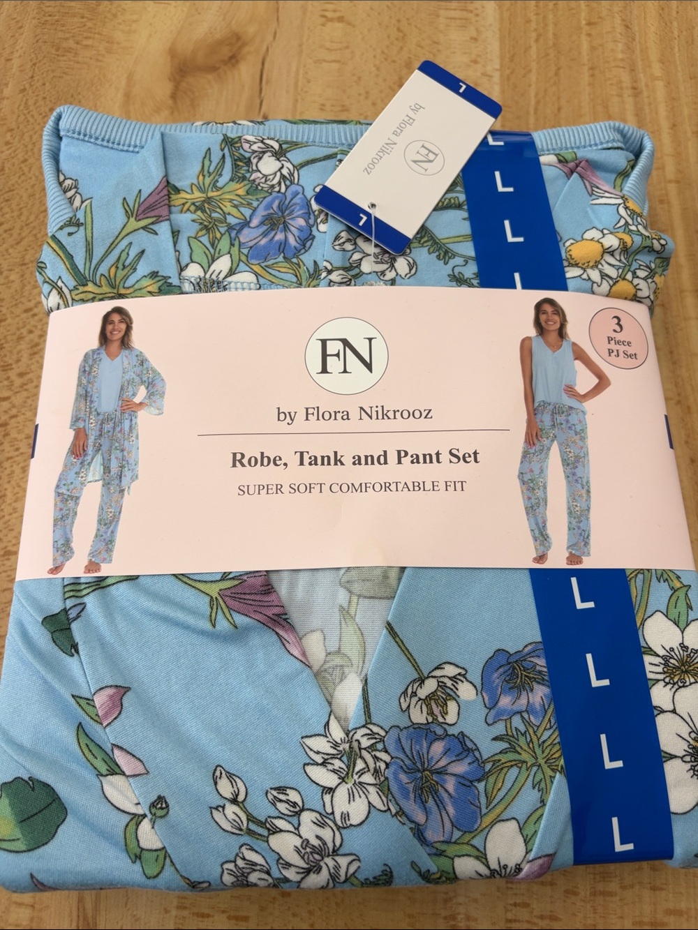 Flora Nikrooz Blue Floral Robe, Tank & Pant Set, NWT